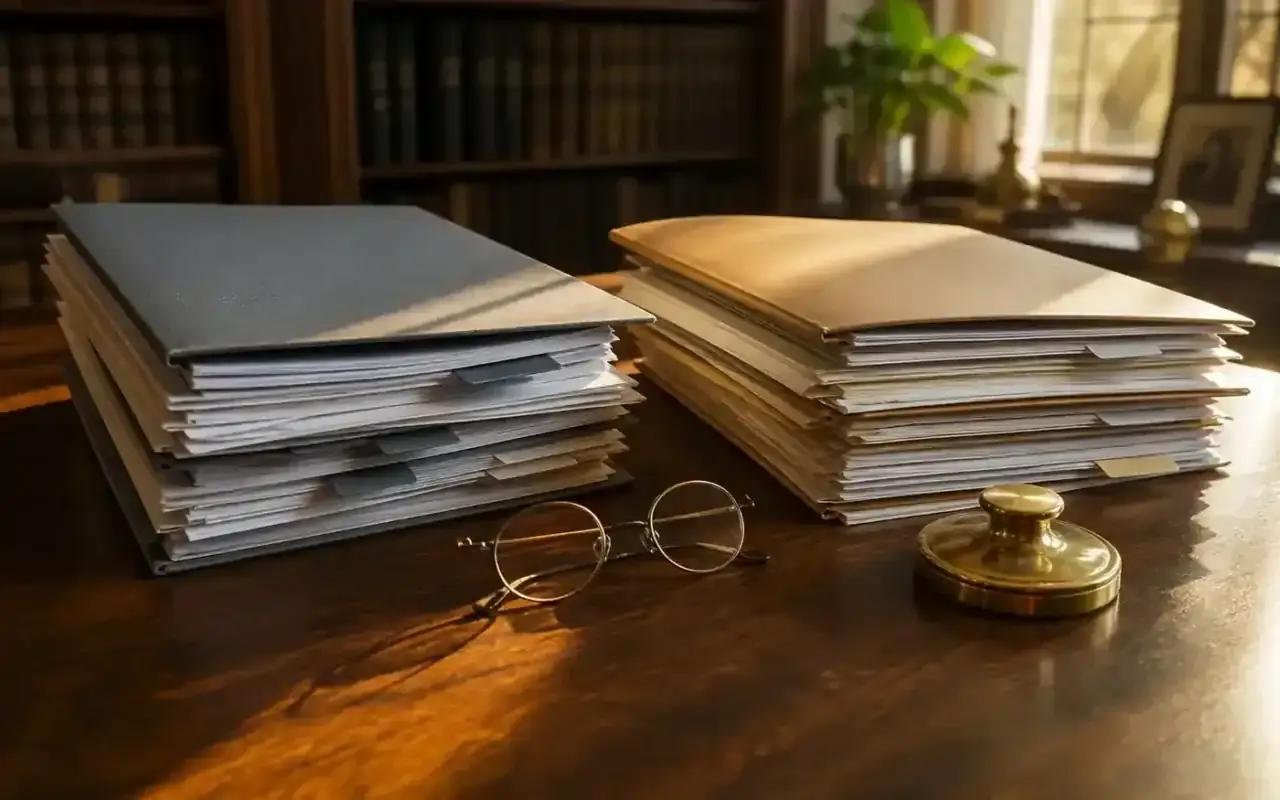 Două mape — gri și bej — cu dosare deschise pe birou, comparare de documente pentru a doua opinie medicală