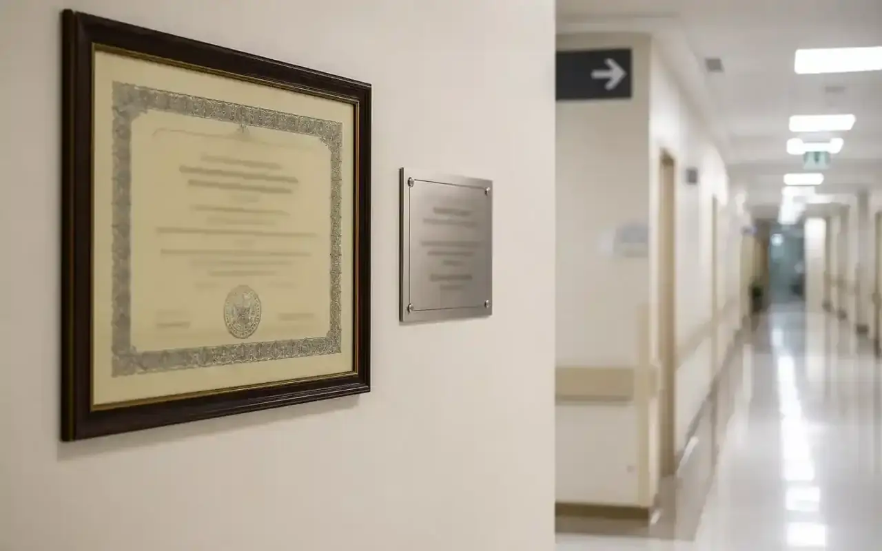 Certificat înramat pe hol instituțional lângă plăcuță de calitate, verificare acreditare ANMCS a unității cu paturi