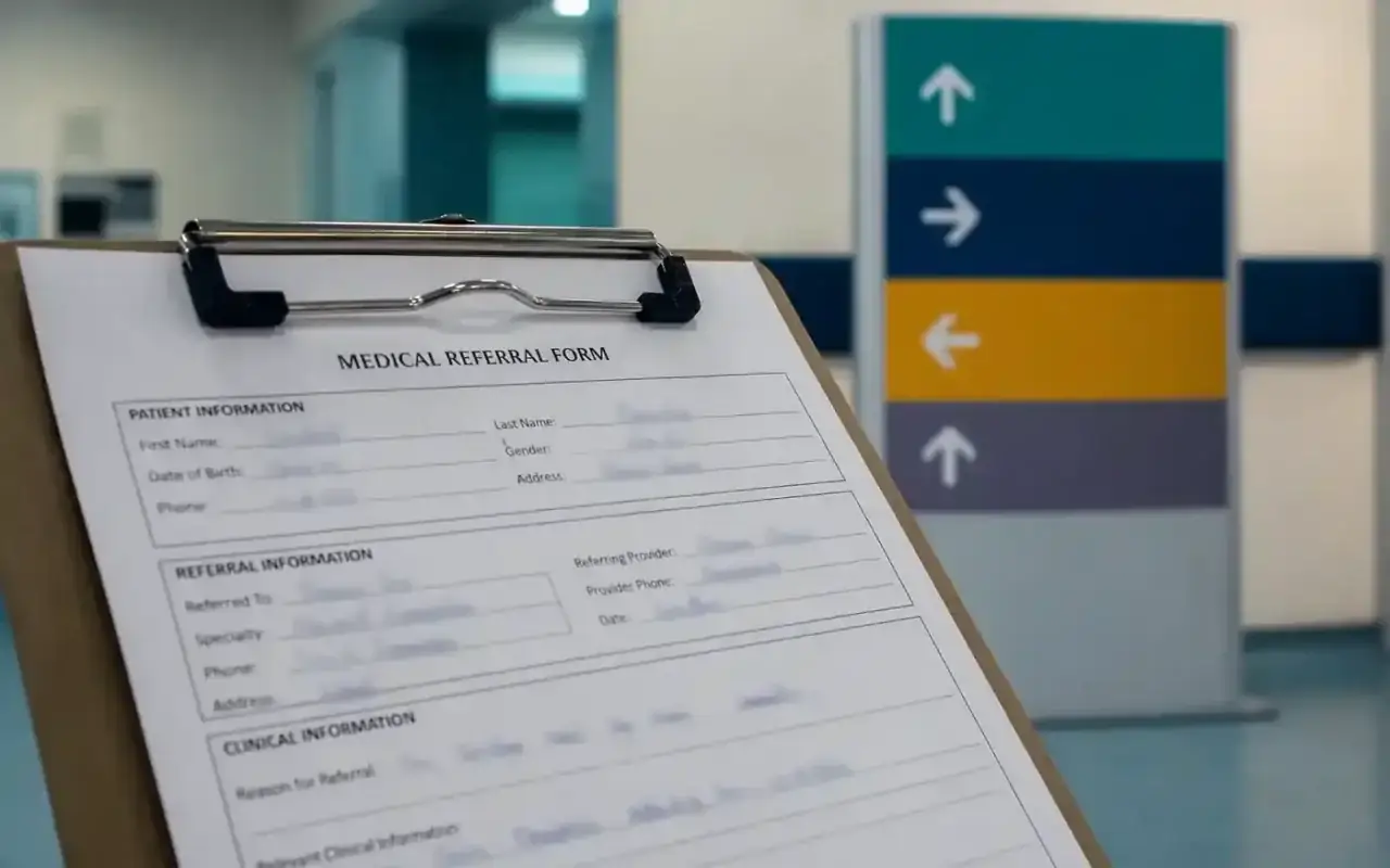 Formular de trimitere pe clipboard, indicator de direcționare estompat în fundal, bilet de trimitere din ambulatoriu