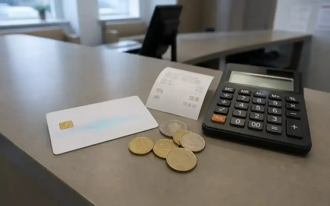Card generic de asigurat, monede și bon fiscal pe tejghea, combinație pachet CNAS cu poliță complementară