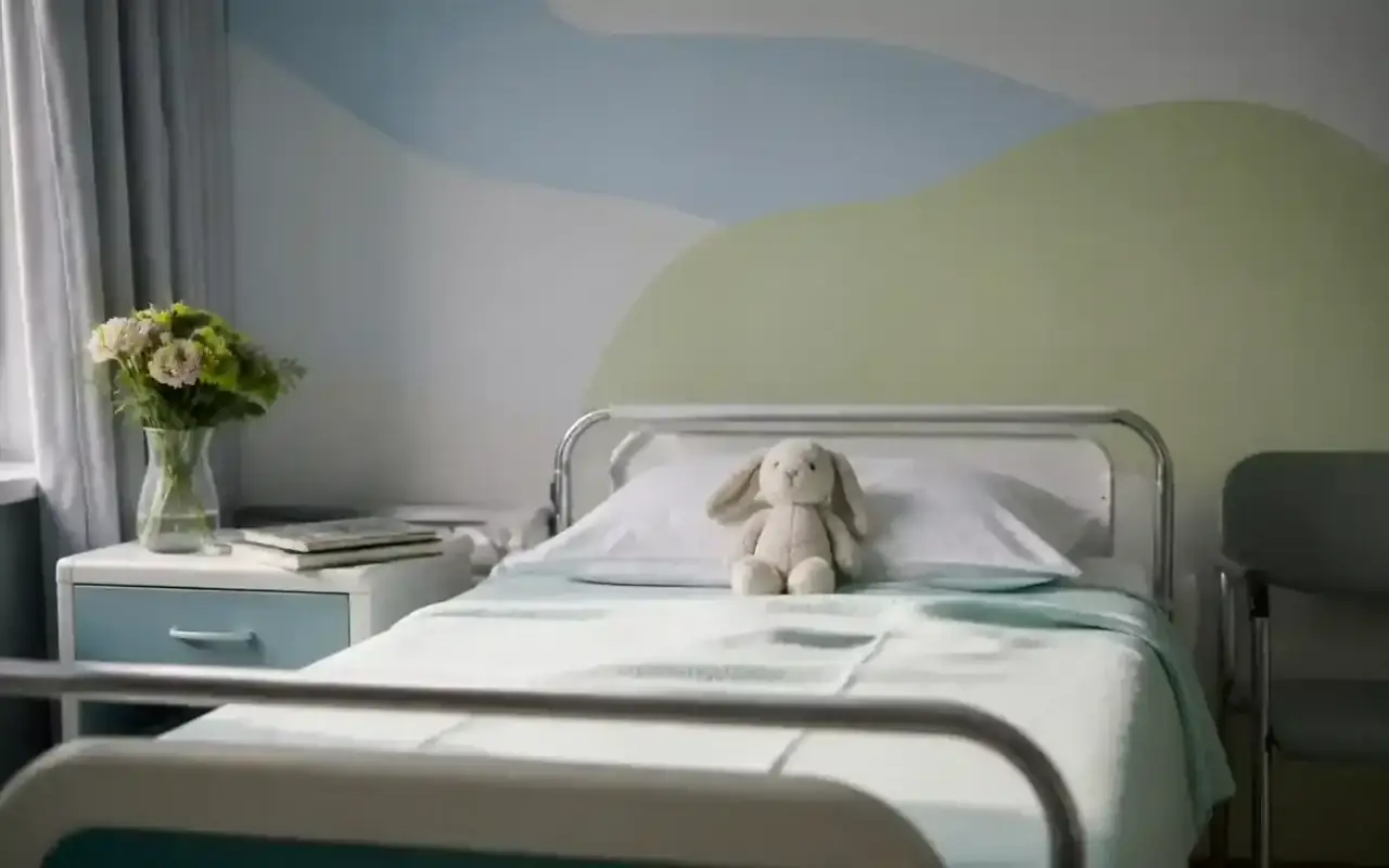 Pat pediatric gol cu jucărie de pluș pe pătură verde, drepturi ale copilului internat și rolul însoțitorului