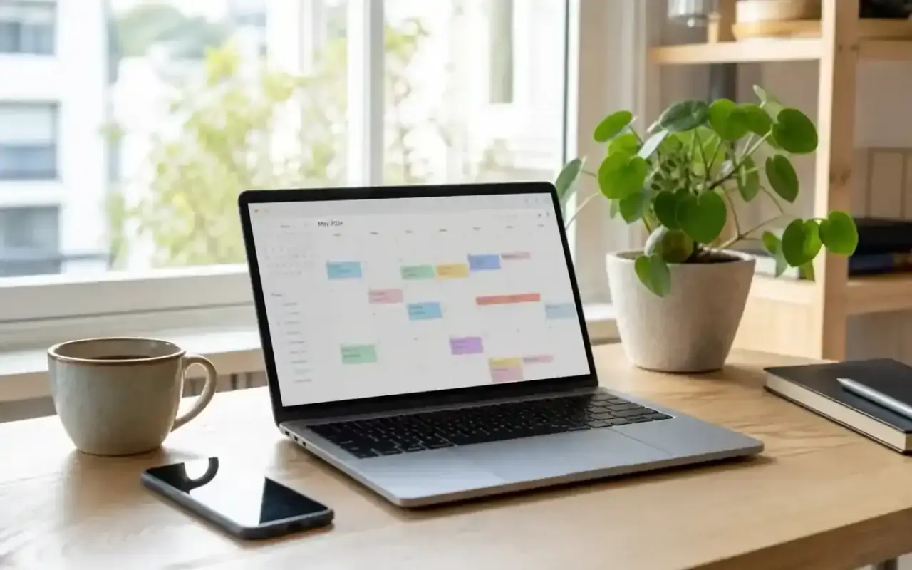 Laptop cu calendar de programări și telefon pe birou de acasă, programare online la furnizor aflat în contract CNAS